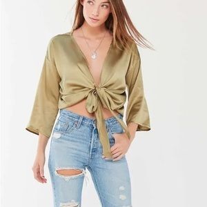 green satin long sleeve tie front top